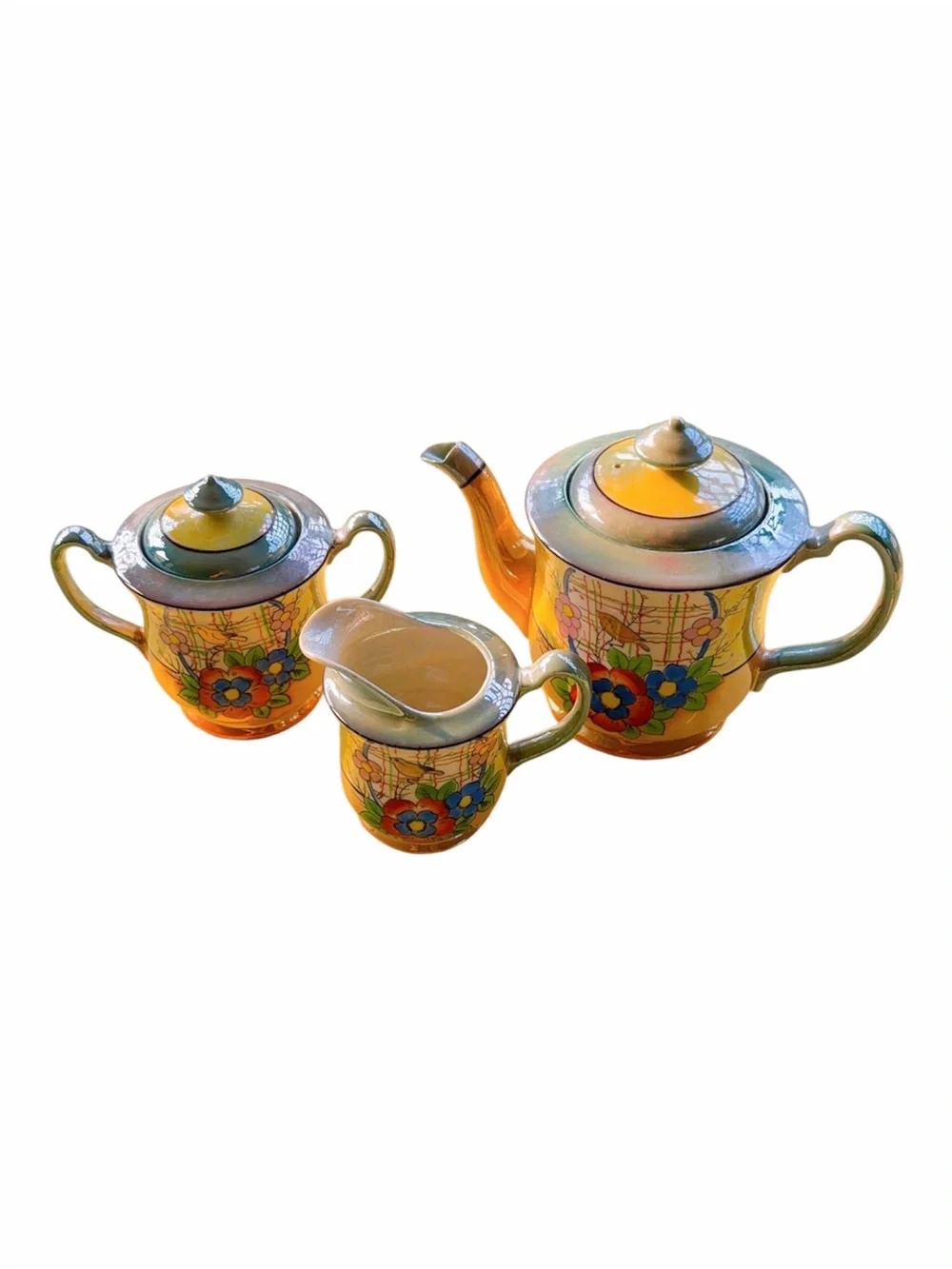 Vintage hand painted Japan lusterware tea set teapot,sugar y creamer bird floral